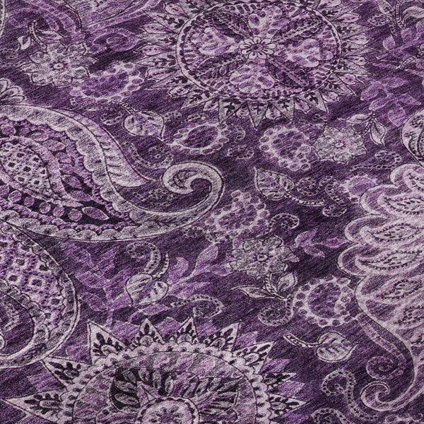 HomeRoots 8' Purple and Charcoal Paisley Washable Round Rug with UV Protection for Stylish Homes and Patios 683755