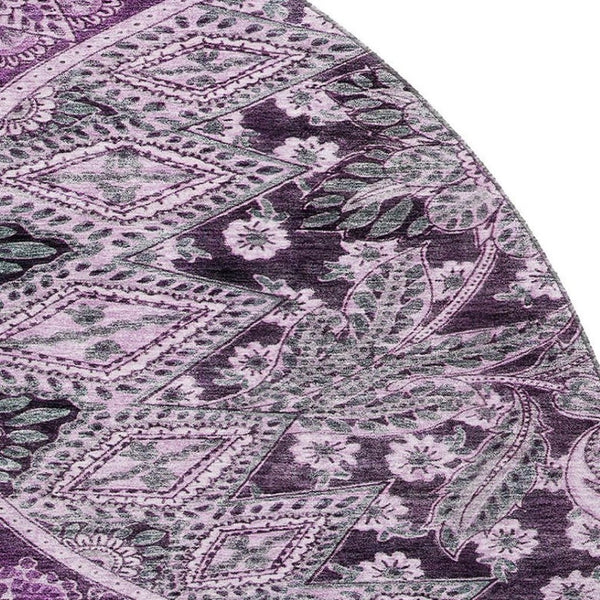 HomeRoots 8' Purple and Charcoal Paisley Washable Round Rug with UV Protection for Stylish Homes and Patios 683755