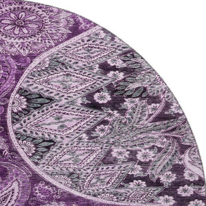 HomeRoots 8' Purple and Charcoal Paisley Washable Round Rug with UV Protection for Stylish Homes and Patios 683755