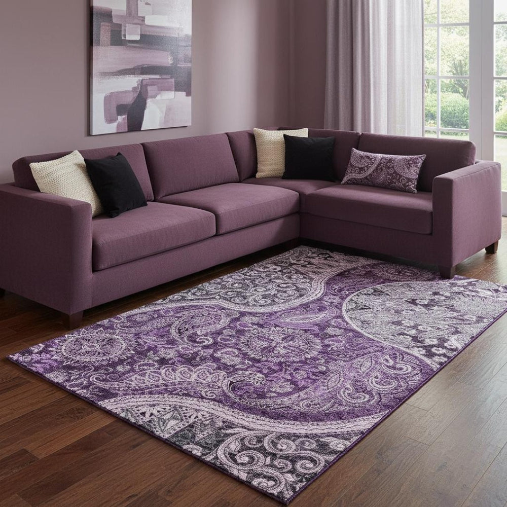 HomeRoots 8' X 10' Stylish Purple and Charcoal Paisley Washable Area Rug with UV Protection for Homes 683756