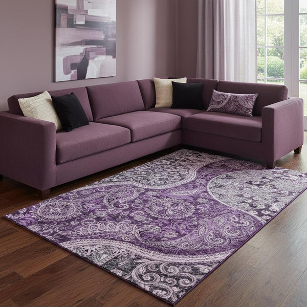 HomeRoots 8' X 10' Stylish Purple and Charcoal Paisley Washable Area Rug with UV Protection for Homes 683756