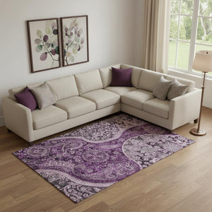 HomeRoots 9' X 12' Washable Purple & Charcoal Paisley Area Rug - UV Protected, Stain Resistant, Durable Design 683757