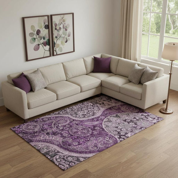 HomeRoots 9' X 12' Washable Purple & Charcoal Paisley Area Rug - UV Protected, Stain Resistant, Durable Design 683757