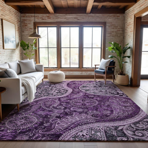 HomeRoots 9' X 12' Washable Purple & Charcoal Paisley Area Rug - UV Protected, Stain Resistant, Durable Design 683757