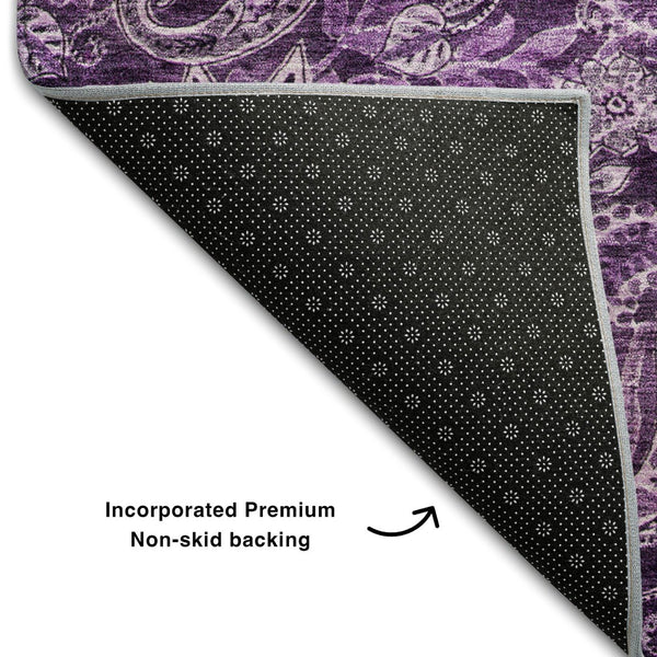 HomeRoots 9' X 12' Washable Purple & Charcoal Paisley Area Rug - UV Protected, Stain Resistant, Durable Design 683757