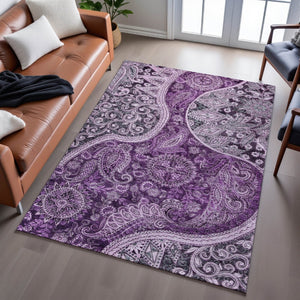 HomeRoots 9' X 12' Washable Purple & Charcoal Paisley Area Rug - UV Protected, Stain Resistant, Durable Design 683757