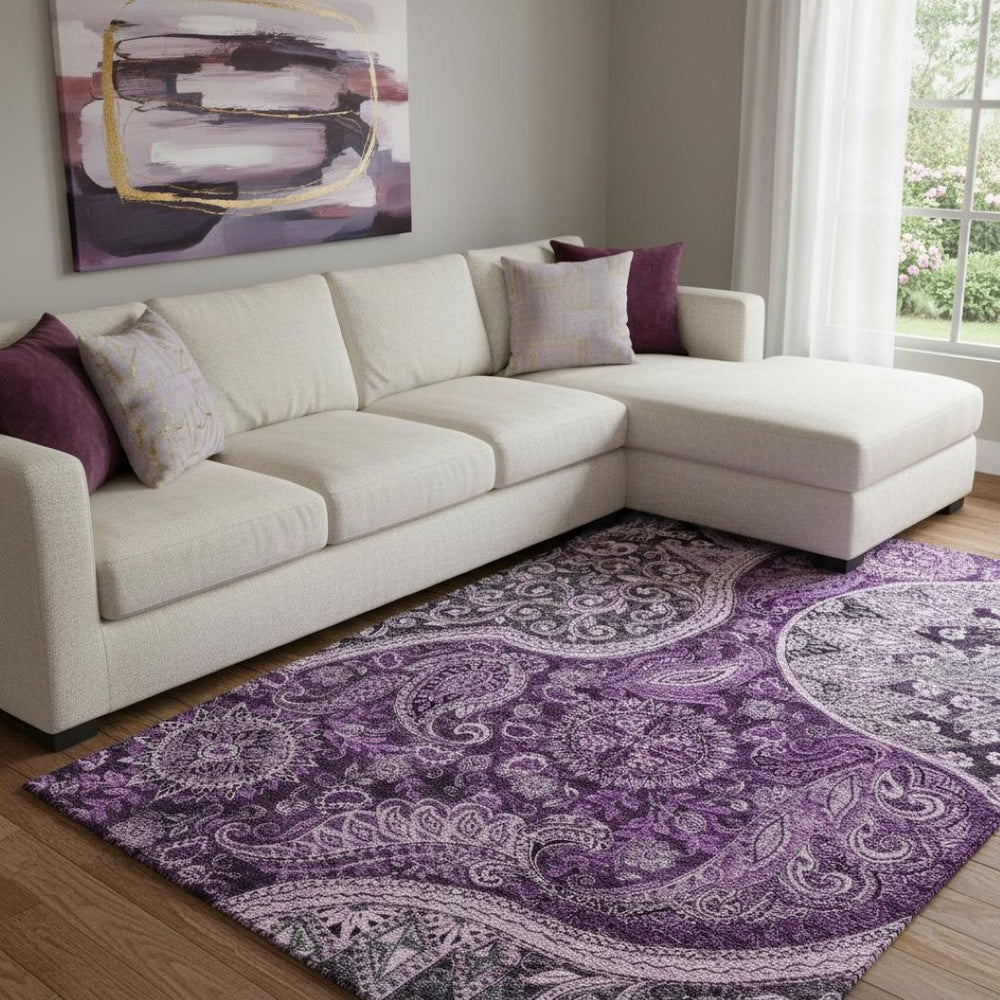 HomeRoots 10' X 14' Washable Purple & Charcoal Paisley Area Rug with UV Protection for Stylish Durability 683758