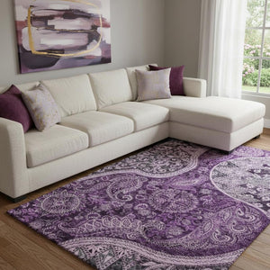 HomeRoots 10' X 14' Washable Purple & Charcoal Paisley Area Rug with UV Protection for Stylish Durability 683758