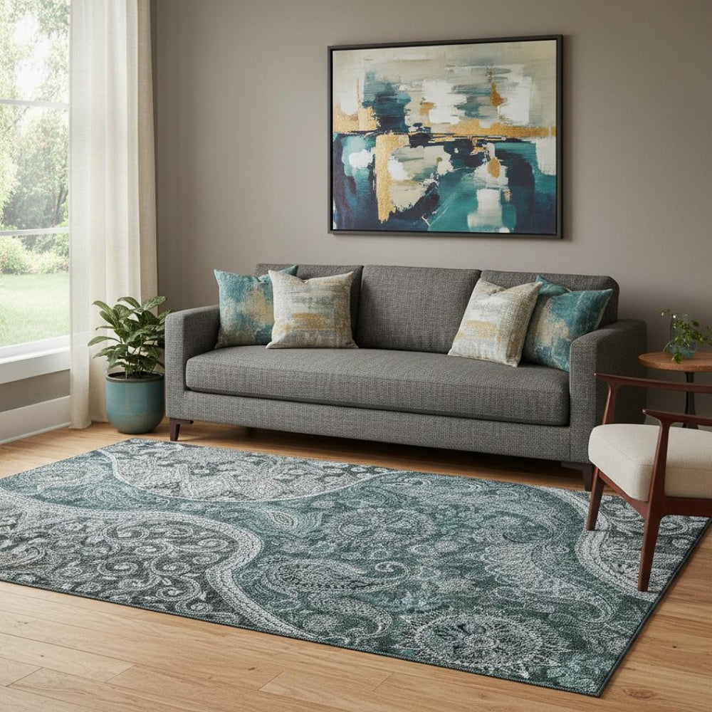 HomeRoots 5' X 8' Teal Charcoal & Ivory Paisley Area Rug - Washable, UV-Protected, Kid & Pet Friendly Design 683760