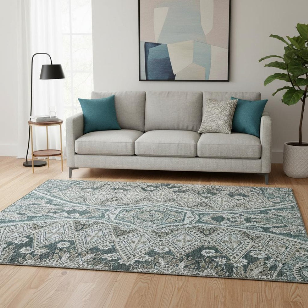 HomeRoots 8' Teal Charcoal & Ivory Paisley Washable Rug - Stylish, Durable, UV Protected for Busy Homes 683761