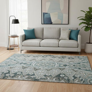 HomeRoots 8' Teal Charcoal & Ivory Paisley Washable Rug - Stylish, Durable, UV Protected for Busy Homes 683761