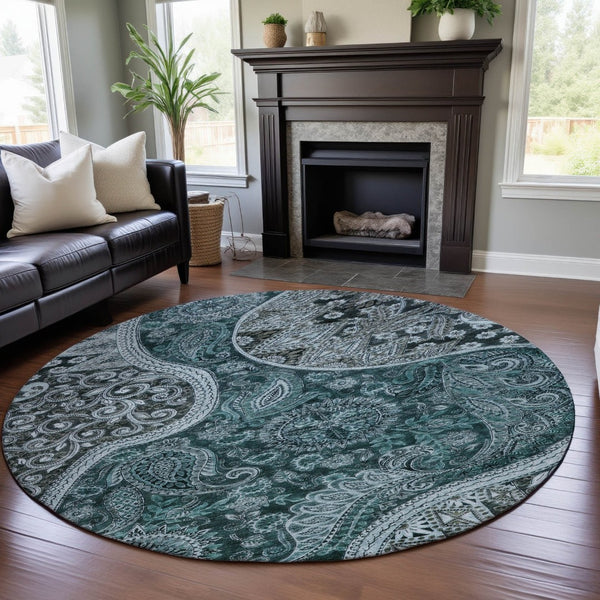 HomeRoots 8' Teal Charcoal & Ivory Paisley Washable Rug - Stylish, Durable, UV Protected for Busy Homes 683761