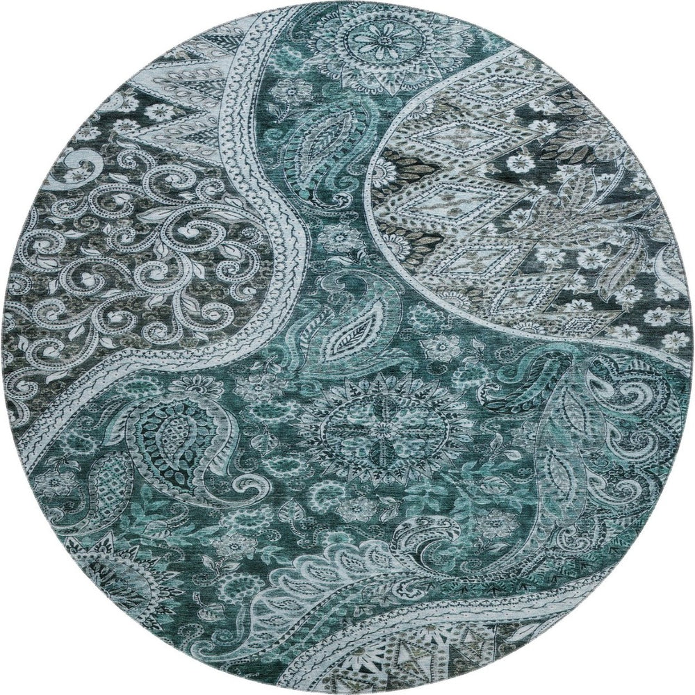 HomeRoots 8' Teal Charcoal & Ivory Paisley Washable Rug - Stylish, Durable, UV Protected for Busy Homes 683761