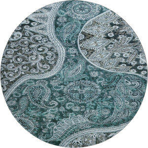HomeRoots 8' Teal Charcoal & Ivory Paisley Washable Rug - Stylish, Durable, UV Protected for Busy Homes 683761