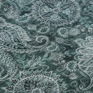 HomeRoots 8' Teal Charcoal & Ivory Paisley Washable Rug - Stylish, Durable, UV Protected for Busy Homes 683761