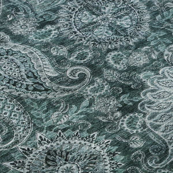 HomeRoots 8' Teal Charcoal & Ivory Paisley Washable Rug - Stylish, Durable, UV Protected for Busy Homes 683761