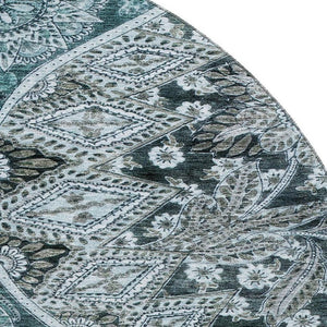 HomeRoots 8' Teal Charcoal & Ivory Paisley Washable Rug - Stylish, Durable, UV Protected for Busy Homes 683761