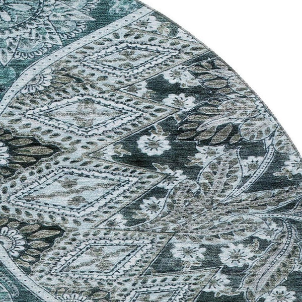 HomeRoots 8' Teal Charcoal & Ivory Paisley Washable Rug - Stylish, Durable, UV Protected for Busy Homes 683761
