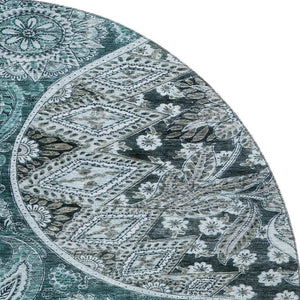 HomeRoots 8' Teal Charcoal & Ivory Paisley Washable Rug - Stylish, Durable, UV Protected for Busy Homes 683761