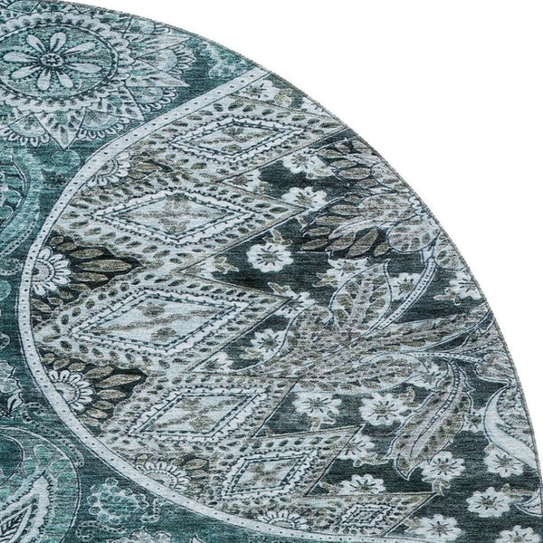 HomeRoots 8' Teal Charcoal & Ivory Paisley Washable Rug - Stylish, Durable, UV Protected for Busy Homes 683761