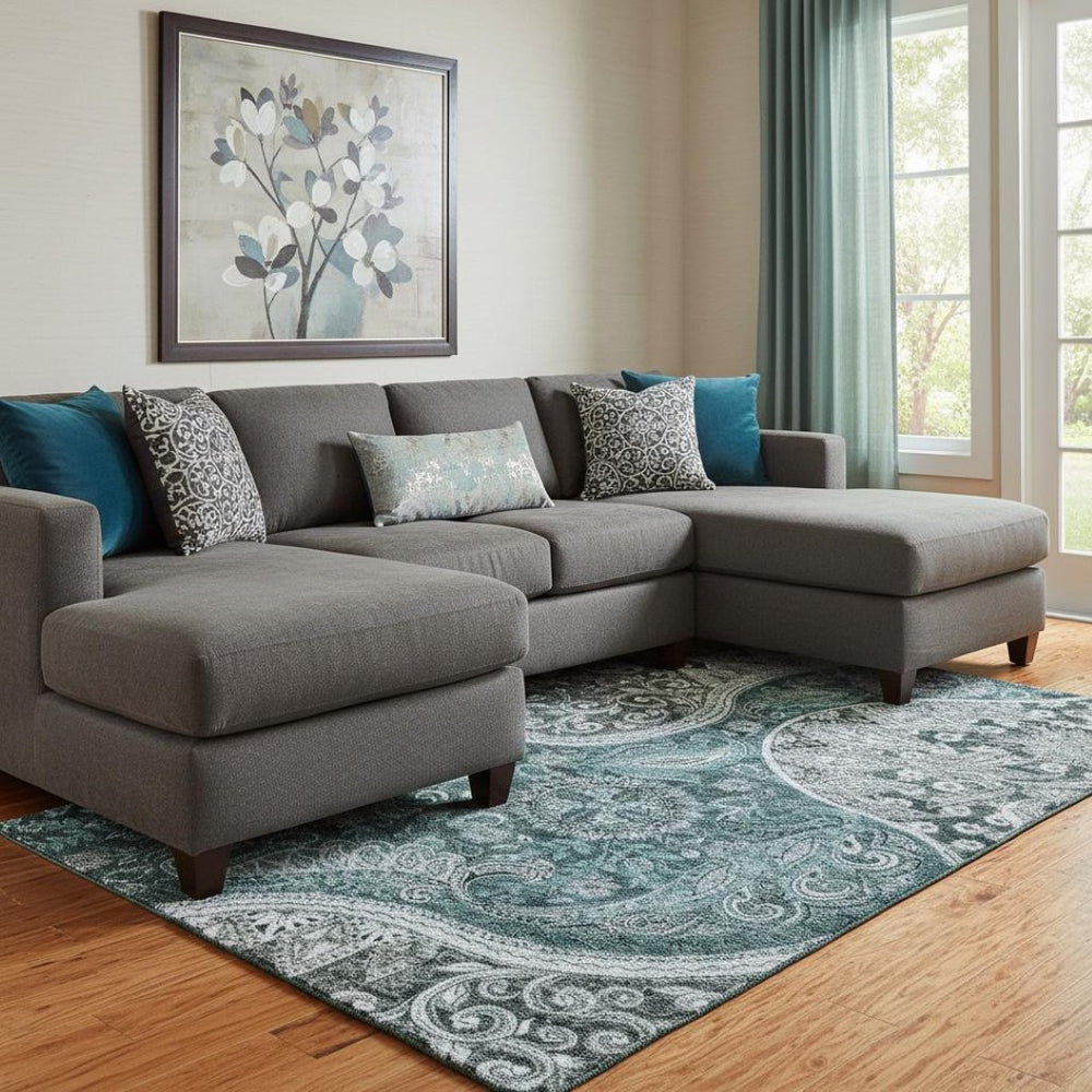 HomeRoots 8' X 10' Teal Charcoal Ivory Paisley Area Rug - Durable, Stylish, Stain Resistant & UV Protected Design 683762
