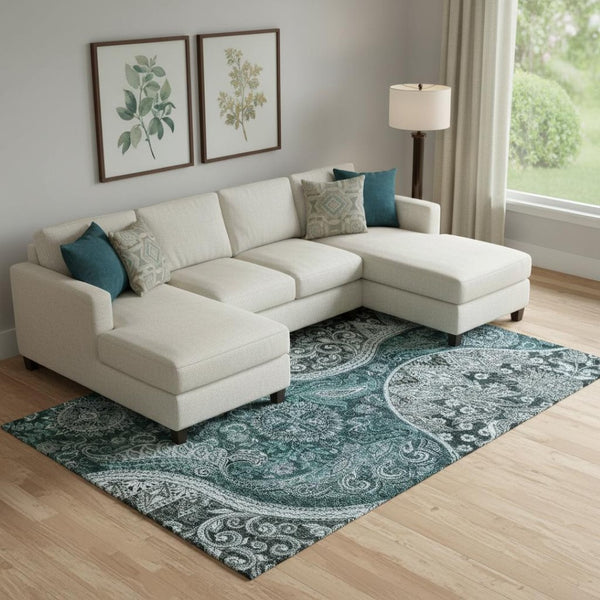 HomeRoots 9' X 12' Teal Charcoal Ivory Paisley Area Rug - Washable, UV Protected, Perfect for High-Traffic Homes 683763