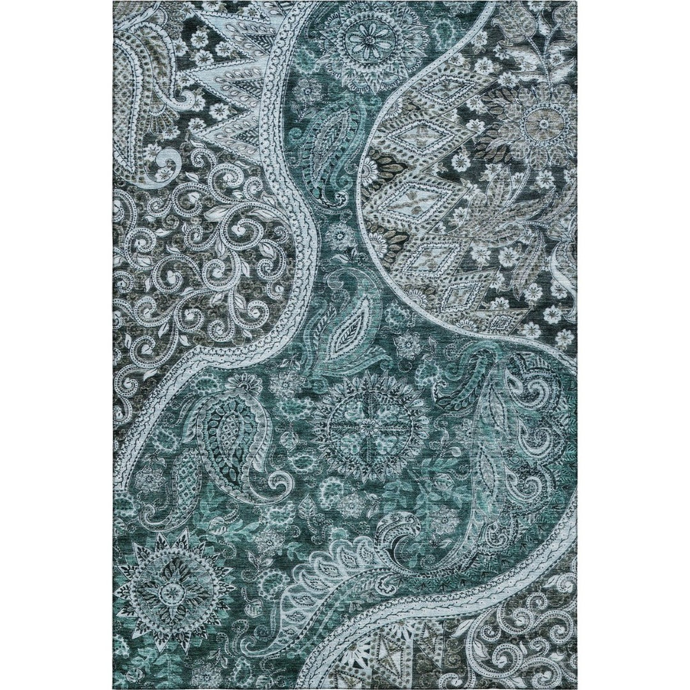 HomeRoots 9' X 12' Teal Charcoal Ivory Paisley Area Rug - Washable, UV Protected, Perfect for High-Traffic Homes 683763