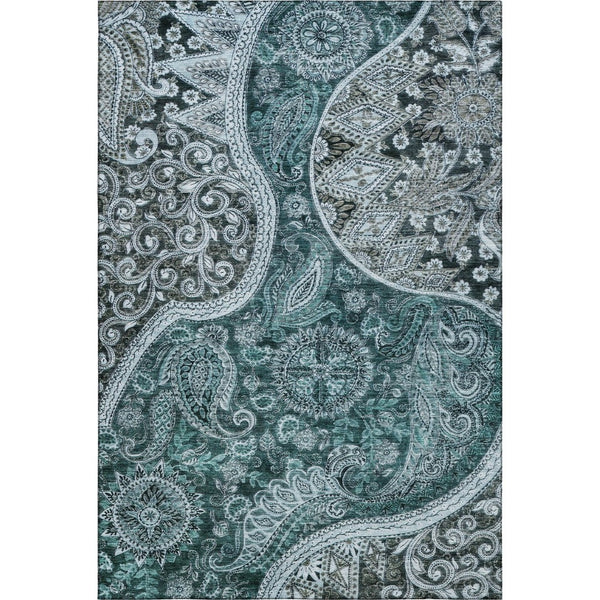 HomeRoots 9' X 12' Teal Charcoal Ivory Paisley Area Rug - Washable, UV Protected, Perfect for High-Traffic Homes 683763