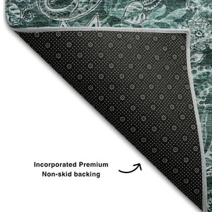 HomeRoots 9' X 12' Teal Charcoal Ivory Paisley Area Rug - Washable, UV Protected, Perfect for High-Traffic Homes 683763