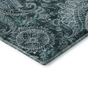 HomeRoots 9' X 12' Teal Charcoal Ivory Paisley Area Rug - Washable, UV Protected, Perfect for High-Traffic Homes 683763