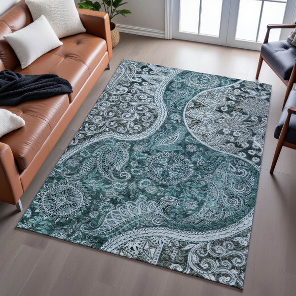 HomeRoots 9' X 12' Teal Charcoal Ivory Paisley Area Rug - Washable, UV Protected, Perfect for High-Traffic Homes 683763