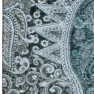 HomeRoots 9' X 12' Teal Charcoal Ivory Paisley Area Rug - Washable, UV Protected, Perfect for High-Traffic Homes 683763