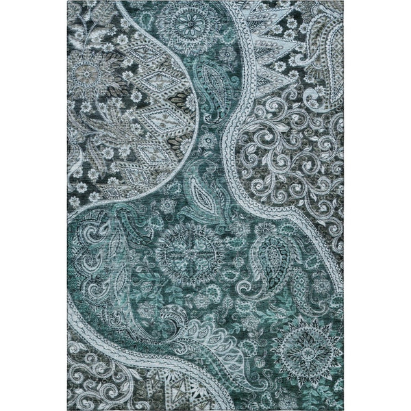 HomeRoots 9' X 12' Teal Charcoal Ivory Paisley Area Rug - Washable, UV Protected, Perfect for High-Traffic Homes 683763