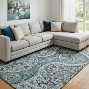 HomeRoots 10' X 14' Teal Charcoal Ivory Paisley Area Rug – Washable, UV-Protected, Stain-Resistant Beauty 683764