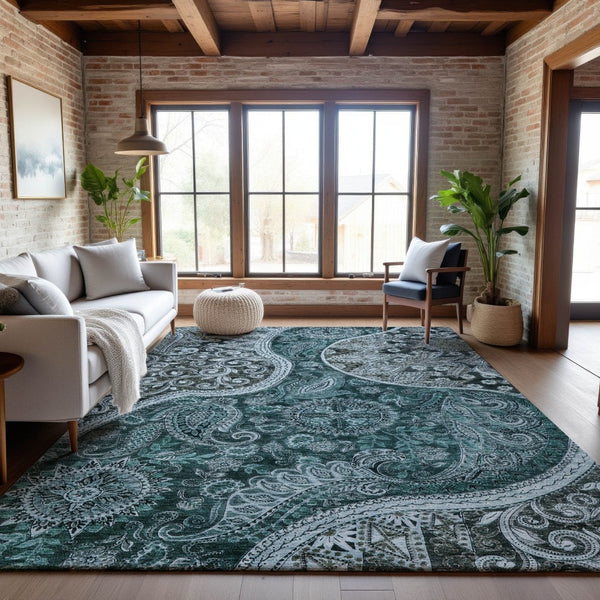HomeRoots 10' X 14' Teal Charcoal Ivory Paisley Area Rug – Washable, UV-Protected, Stain-Resistant Beauty 683764