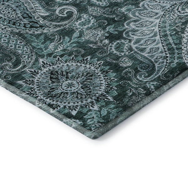 HomeRoots 10' X 14' Teal Charcoal Ivory Paisley Area Rug – Washable, UV-Protected, Stain-Resistant Beauty 683764