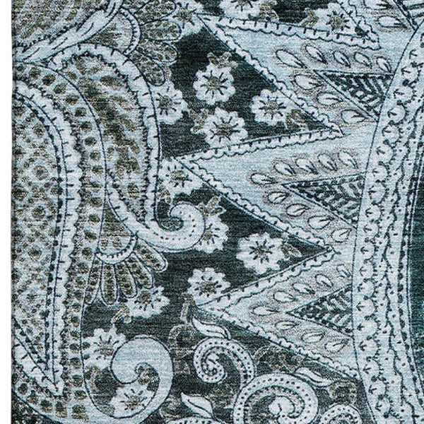HomeRoots 10' X 14' Teal Charcoal Ivory Paisley Area Rug – Washable, UV-Protected, Stain-Resistant Beauty 683764
