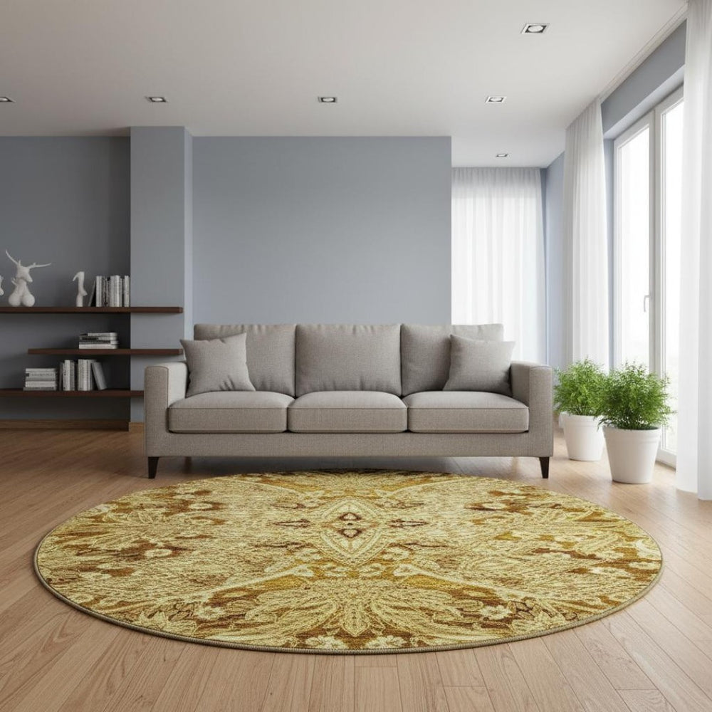 HomeRoots 8' Stylish Terra Cotta & Beige Paisley Washable Round Rug with UV Protection for High Traffic Areas 683767