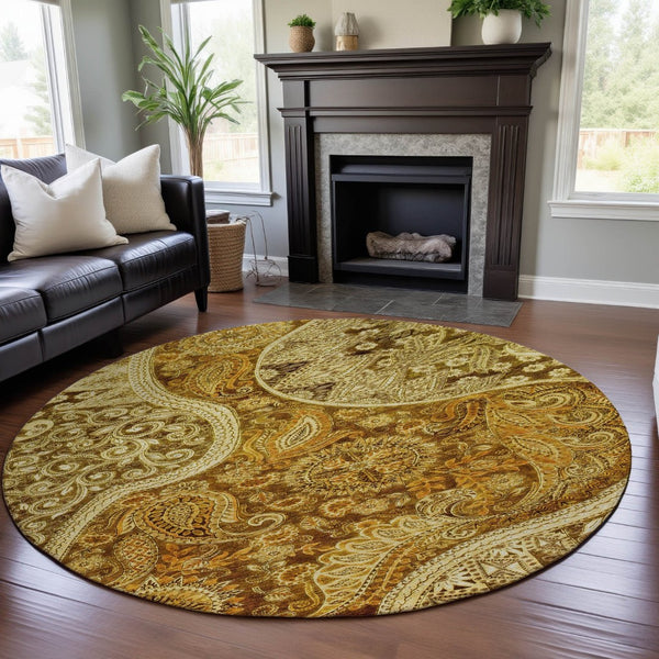 HomeRoots 8' Stylish Terra Cotta & Beige Paisley Washable Round Rug with UV Protection for High Traffic Areas 683767