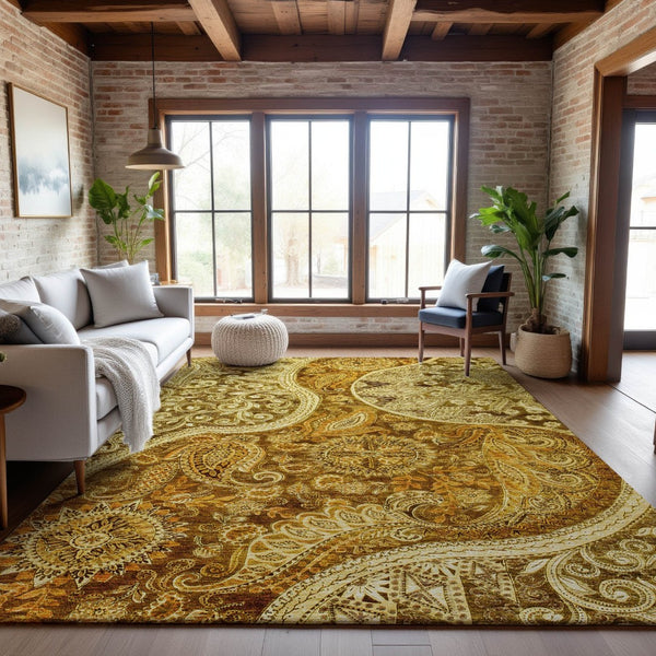 HomeRoots 10' X 14' Elegant Terra Cotta and Beige Paisley Area Rug - UV Protected, Washable, Durable Design 683770