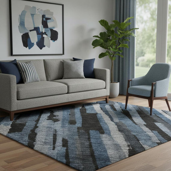 HomeRoots 5' Blue Charcoal and Silver Striped Washable Area Rug - Durable, Stain-Resistant with UV Protection 683772