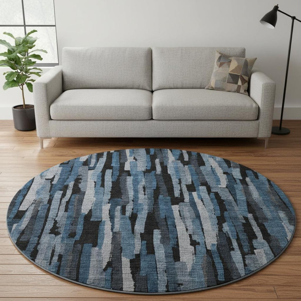 HomeRoots 8' Stylish Blue Charcoal & Silver Striped Washable Round Rug with UV Protection for Every Home 683773