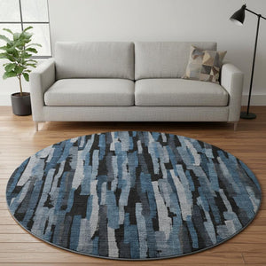 HomeRoots 8' Stylish Blue Charcoal & Silver Striped Washable Round Rug with UV Protection for Every Home 683773