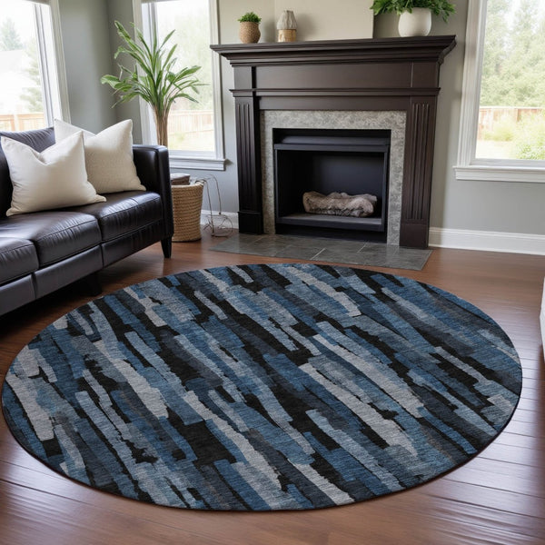 HomeRoots 8' Stylish Blue Charcoal & Silver Striped Washable Round Rug with UV Protection for Every Home 683773