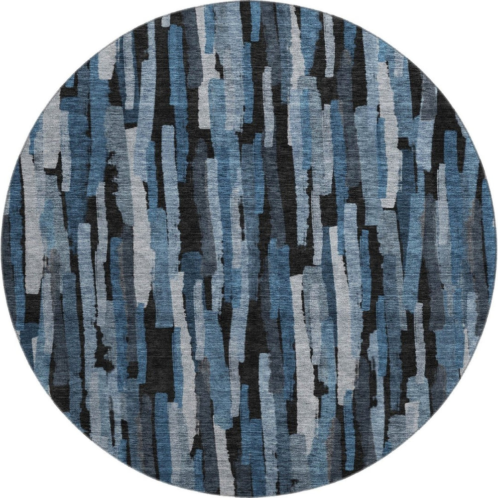 HomeRoots 8' Stylish Blue Charcoal & Silver Striped Washable Round Rug with UV Protection for Every Home 683773