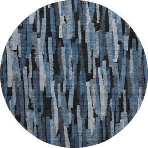 HomeRoots 8' Stylish Blue Charcoal & Silver Striped Washable Round Rug with UV Protection for Every Home 683773