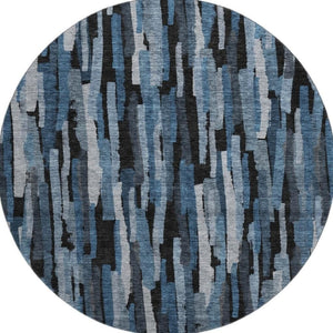 HomeRoots 8' Stylish Blue Charcoal & Silver Striped Washable Round Rug with UV Protection for Every Home 683773