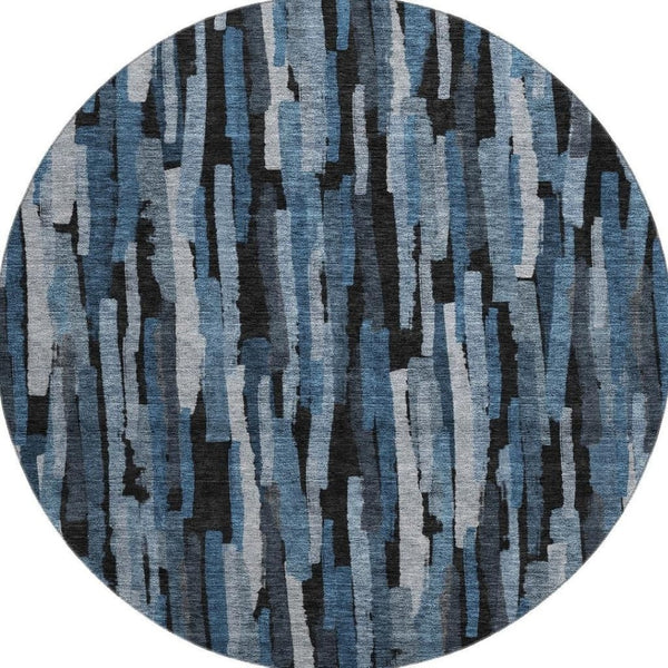 HomeRoots 8' Stylish Blue Charcoal & Silver Striped Washable Round Rug with UV Protection for Every Home 683773