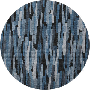 HomeRoots 8' Stylish Blue Charcoal & Silver Striped Washable Round Rug with UV Protection for Every Home 683773