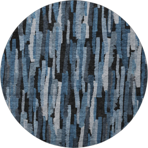 HomeRoots 8' Stylish Blue Charcoal & Silver Striped Washable Round Rug with UV Protection for Every Home 683773